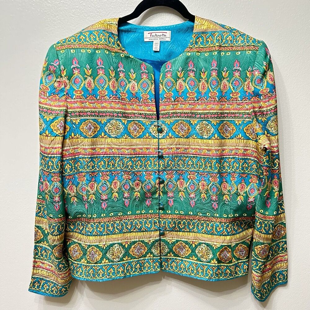VTG Talbots Jacket Women's 20 Blue Green Blazer Boho Colorful Shoulder Pads Silk